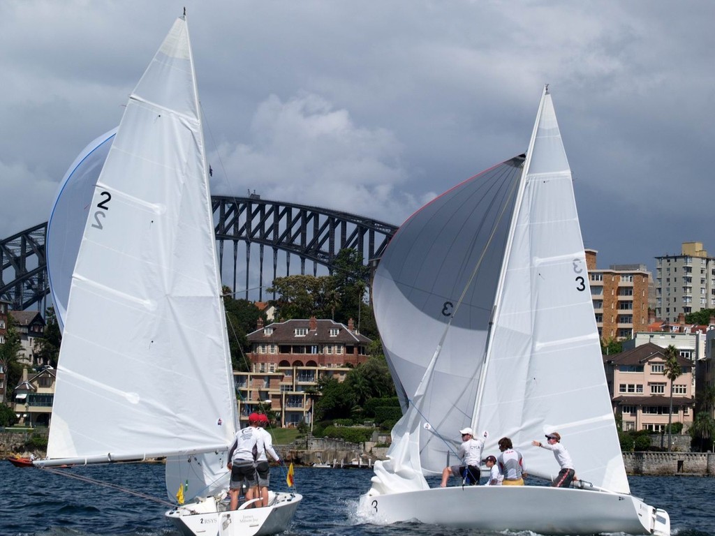 Josh Junior (boat 2) in gybing duel with Jay Griffin in Semi Final - Hardy Cup 2012 © Aline Van Haren 